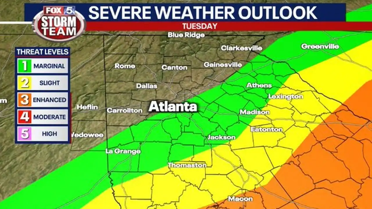 Pronóstico del tiempo en Atlanta: tormentas severas y fuertes vientos golpearán Georgia el martes