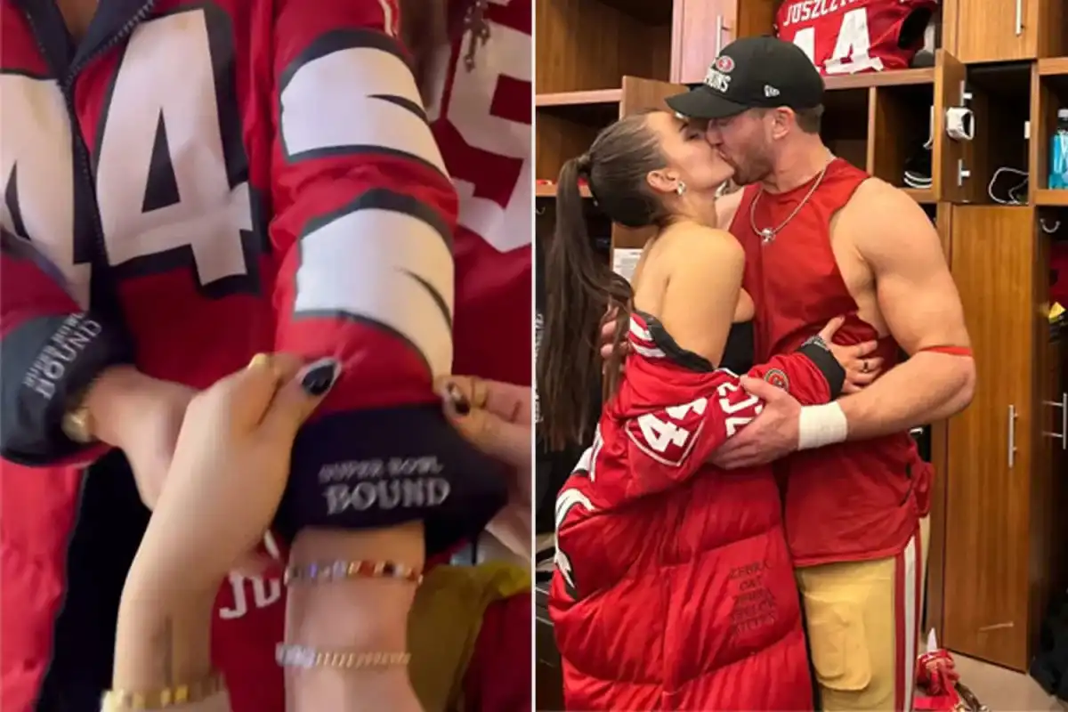 Mensaje oculto en la chaqueta de Kristin, la esposa de Kyle Juszczyk de los 49ers, para ganar el campeonato de la NFC - Yahoo Sports