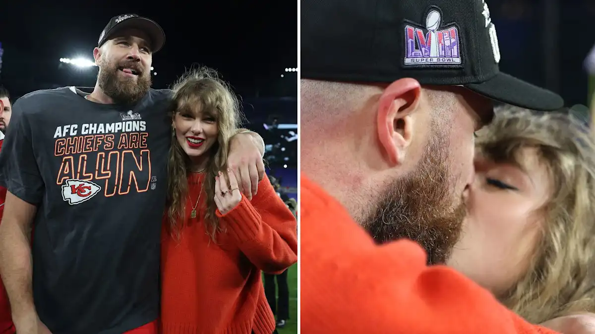 Taylor Swift y Travis Kelce se besan después de que los Chiefs ganaran el Super Bowl 2024