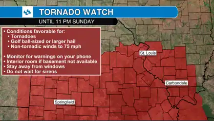 Alerta de tornado St. Louis 11 p.m. Domingo por la noche