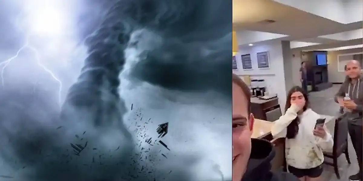 Una familia de turistas conmocionada cuando un tornado en Oklahoma arranca el techo de un hotel
